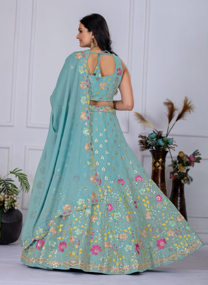 Firozi Wedding Lehenga – Star Fox Georgette with Heavy Embroidery, Multi Thread & Sequence Work