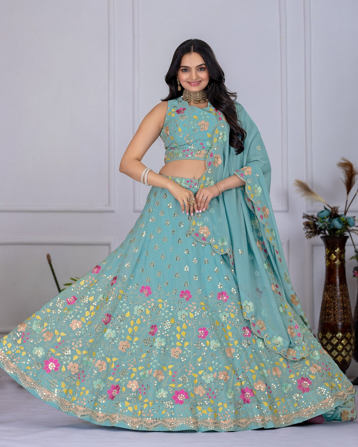 Firozi Wedding Lehenga – Star Fox Georgette with Heavy Embroidery, Multi Thread & Sequence Work