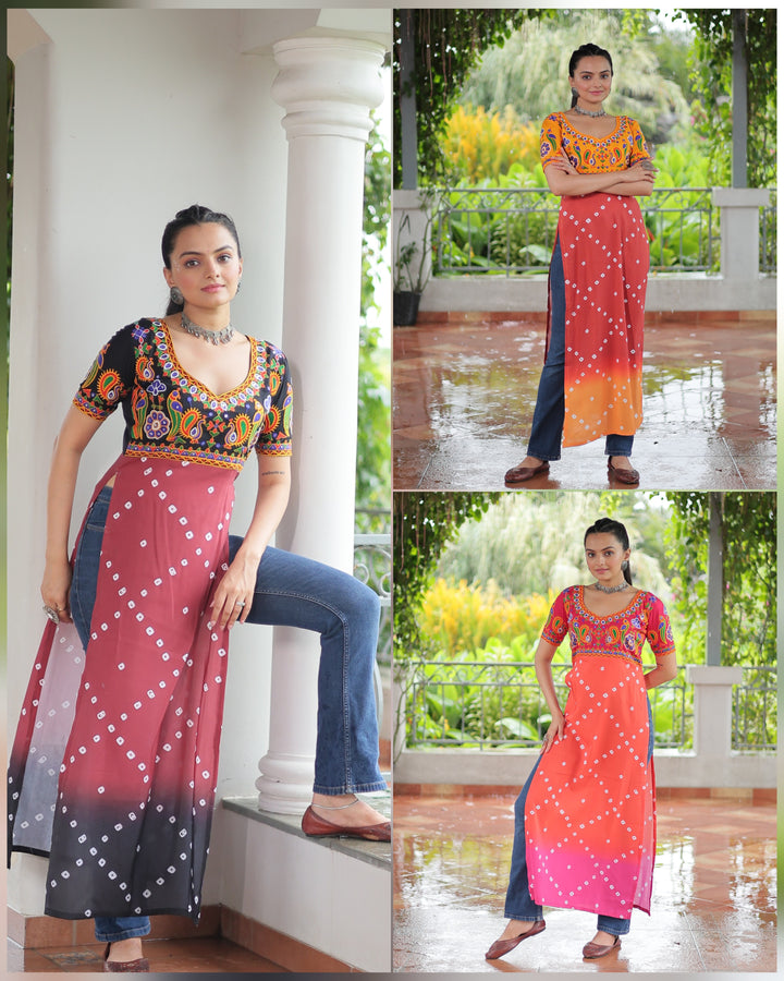 Black & Maroon Printed Rayon Kurti with Kutchi Gamthi Work – 52” Navratri Special