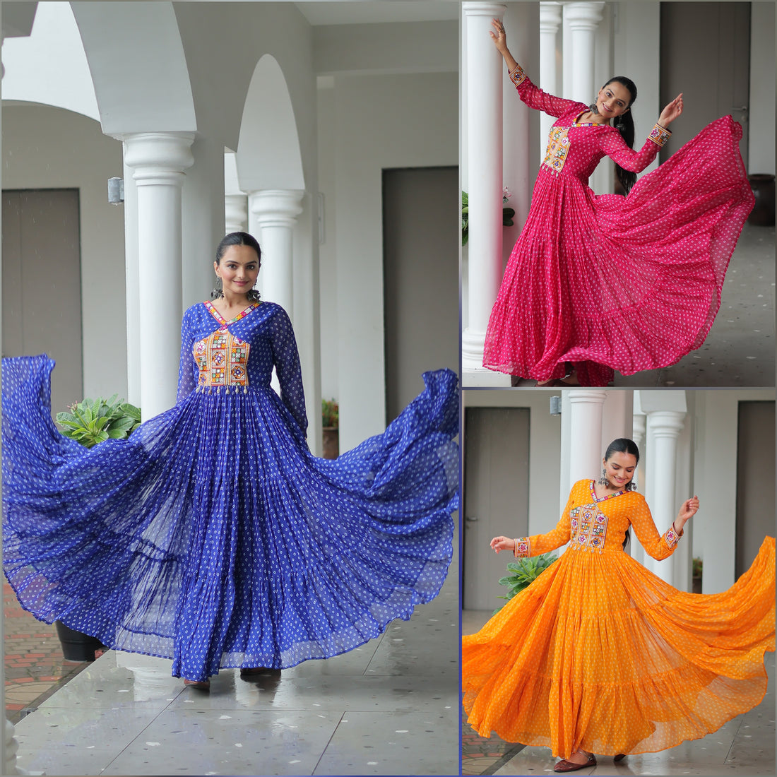 Blue Bandhani Print Navratri Gown with Kutchi Patchwork – Mayara Women Clothing