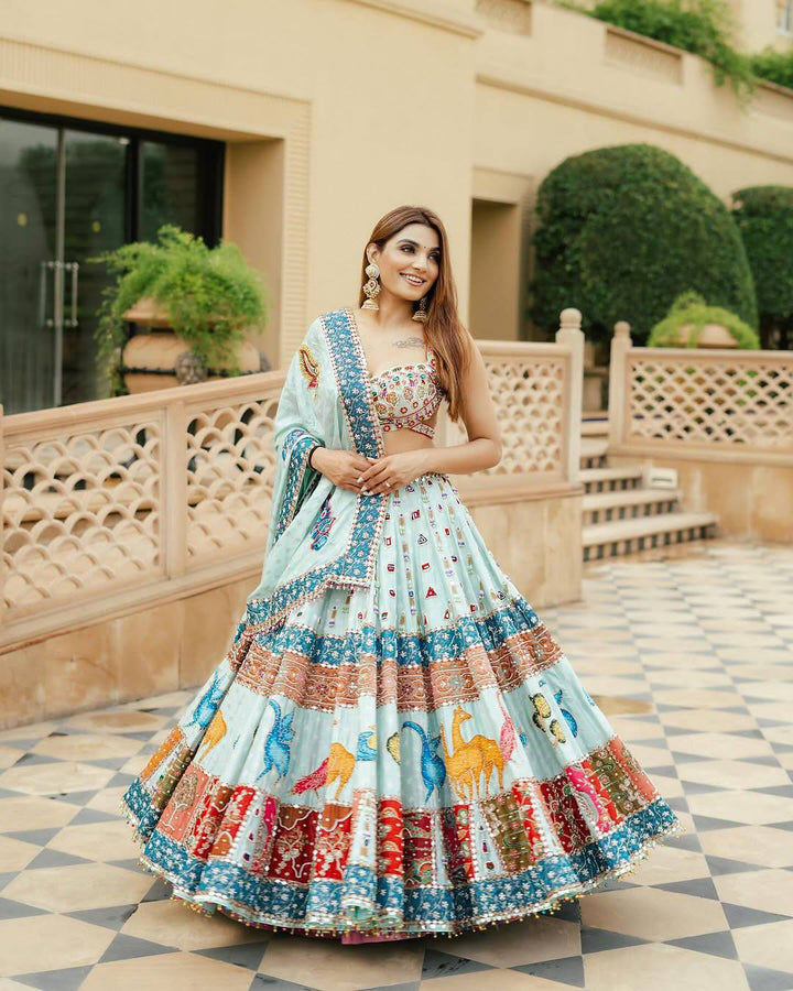 Sky Blue Kutchi Digital Print Lehenga Choli Set with Real Mirror Work – Mayara Women Clothing