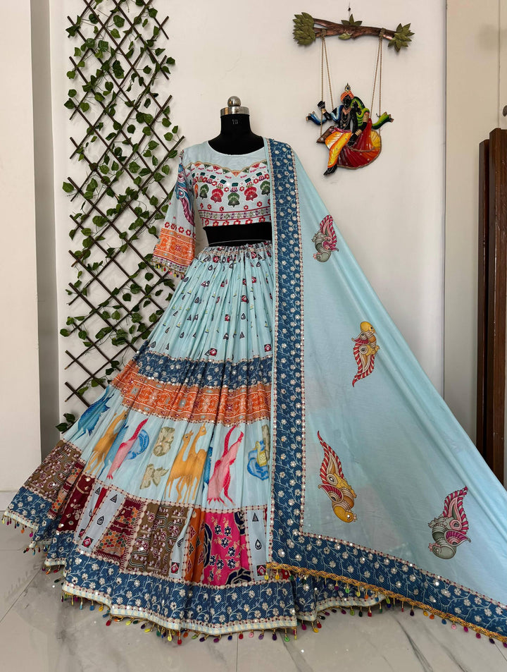 Sky Blue Kutchi Digital Print Lehenga Choli Set with Real Mirror Work – Mayara Women Clothing