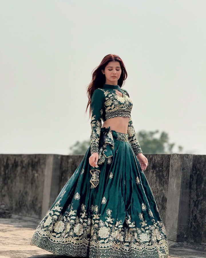 Dark Green Chinon Silk Lehenga Choli Set with Sequins & Zari Work – Mayara Women Clothing