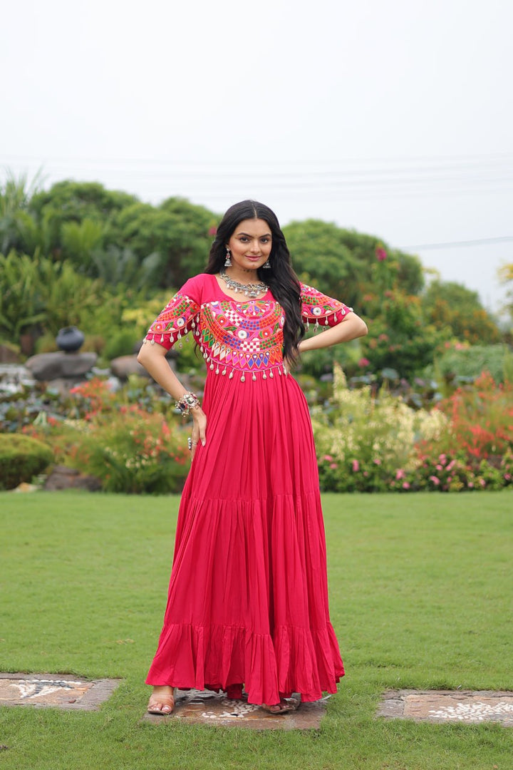Navratri Special Kutchi Work Gown in Rani Pink – Mayara Women Clothing