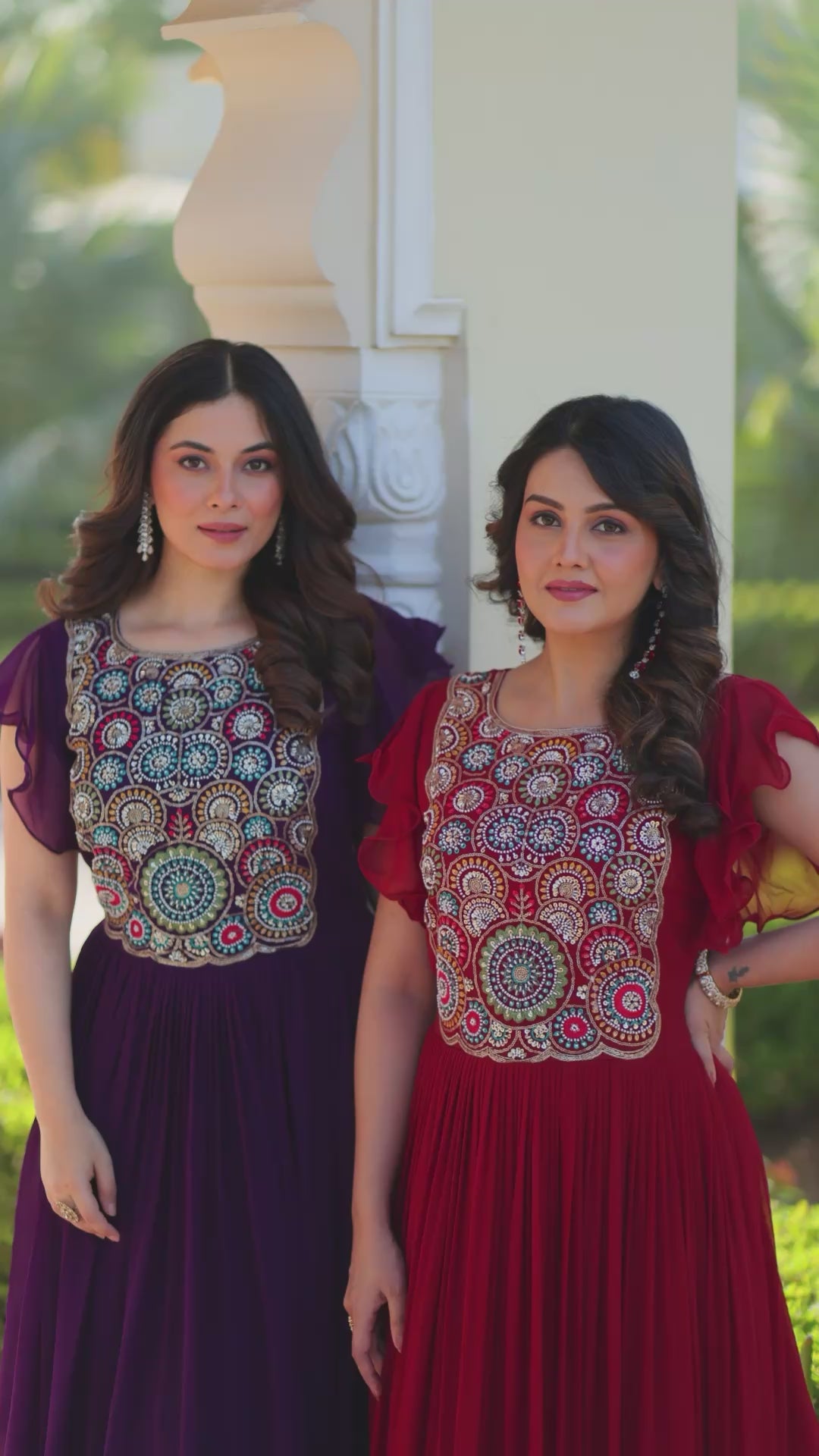 Maroon Faux Blooming Embroidered Navratri Gown with Bell Sleeves – Mayara Women Clothing