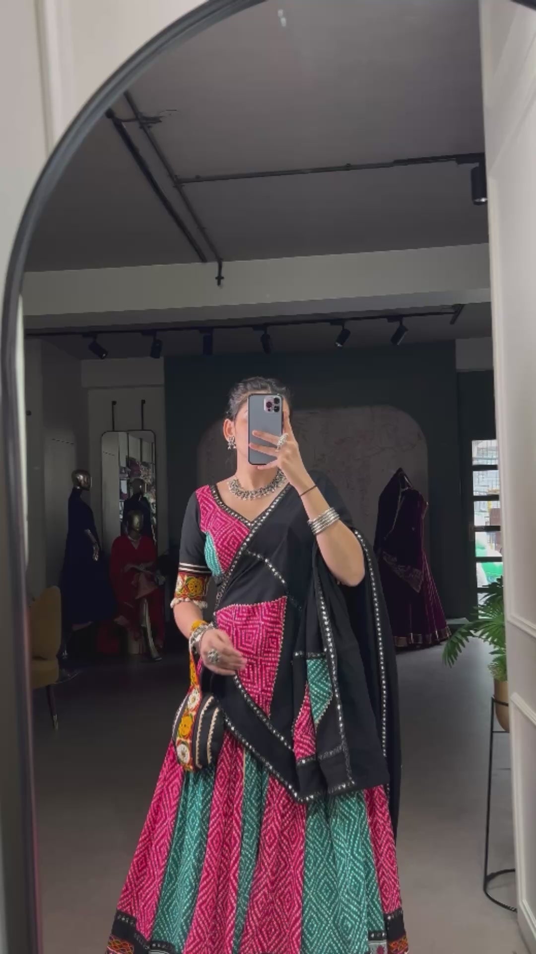 Navratri Special Pink & Green Bandhej Rayon Lehenga Choli with Gamthi & Mirror Work – Mayara Women Clothing