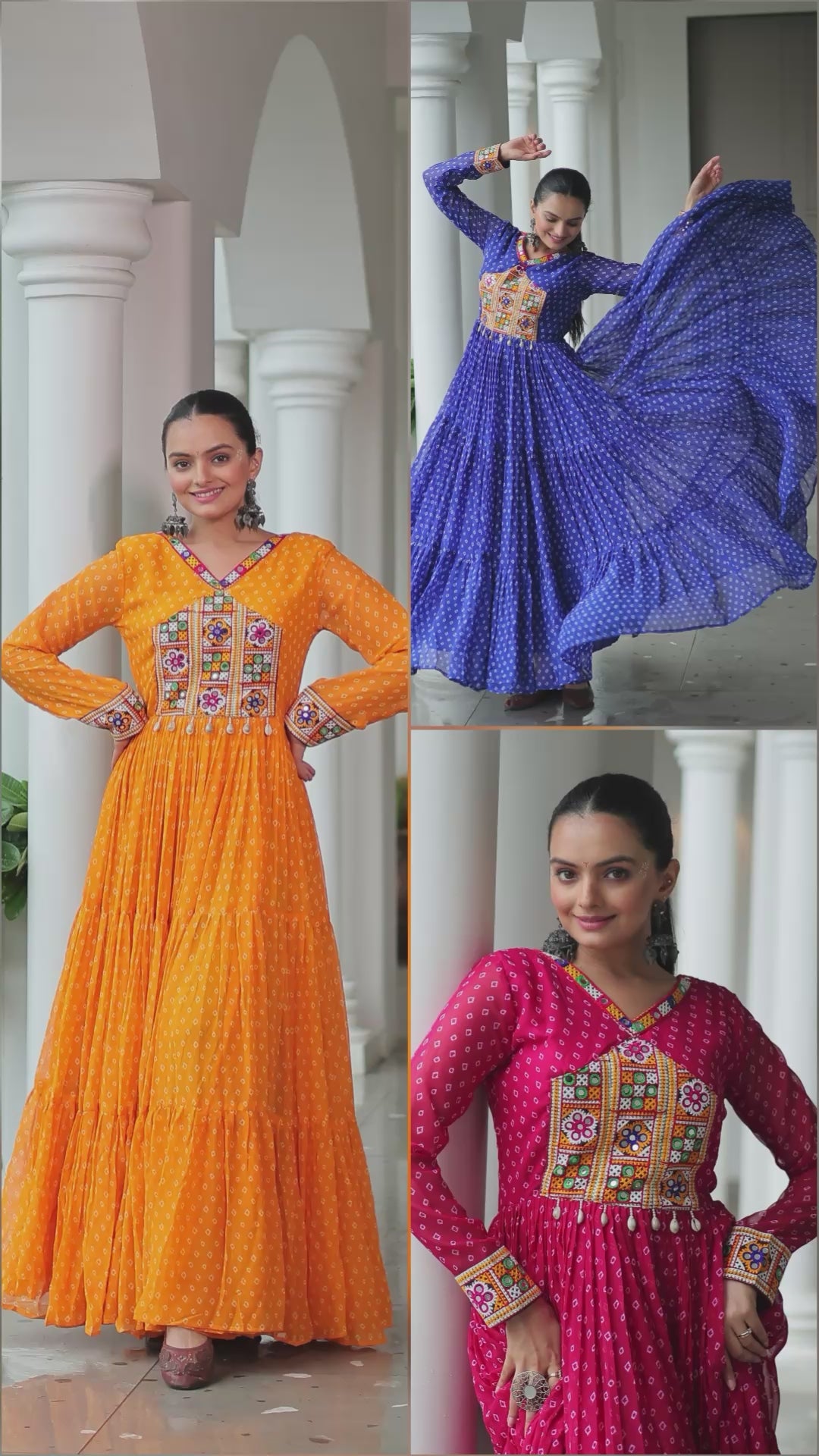 Blue Bandhani Print Navratri Gown with Kutchi Patchwork – Mayara Women Clothing