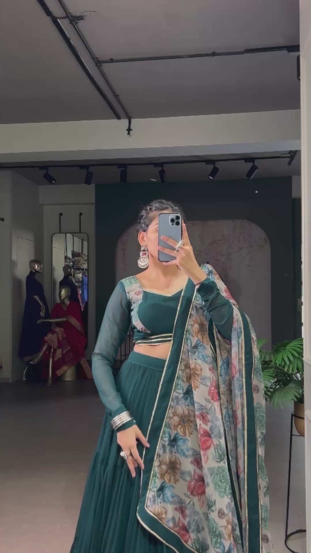 Dark Green Marble Lehenga Choli with Floral Printed Dupatta for Navratri – Mayara Women Clothing