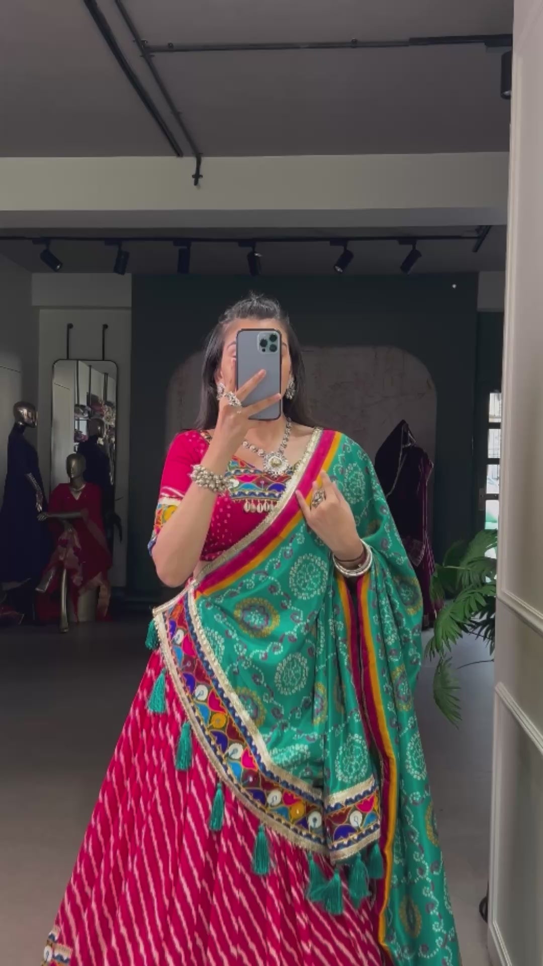 Navratri Special Pink & Green Lehenga Choli with Real Mirror Work | Mayara Women Clothing